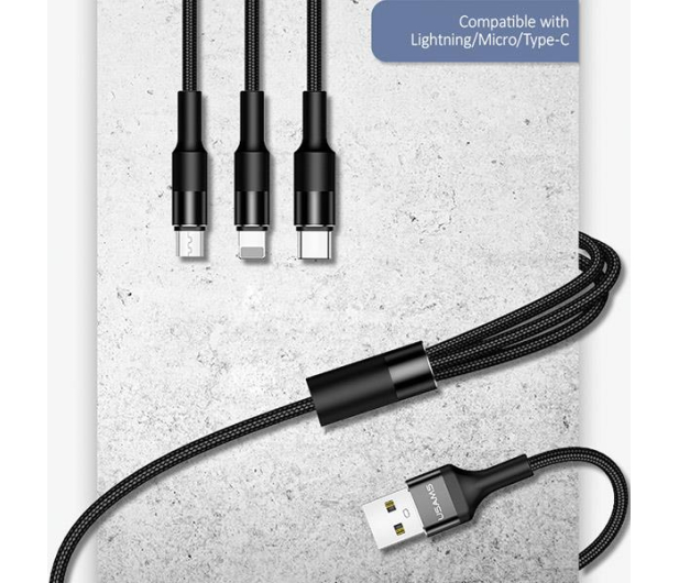 USAMS Kabel pleciony 3w1 1,5m 2Aczarny (lightning/microUSB/USB-C) - 1568988 - zdjęcie 3